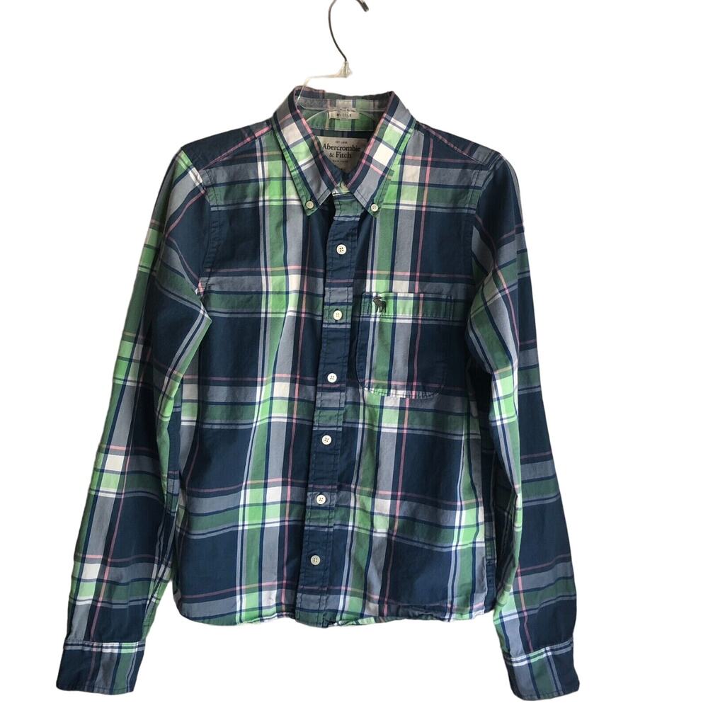 Abercrombie & Fitch blue/green plaid long sleeve muscle fit button-up shirt-M